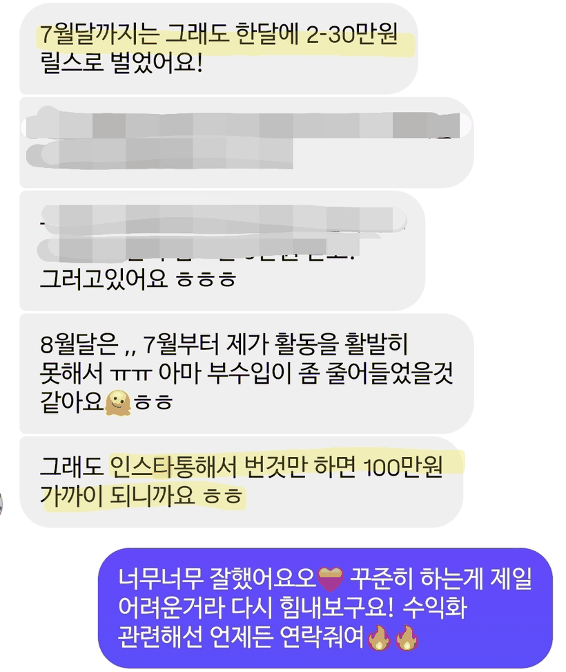 릴스로 월 20~30만원, 인스타 전체로 100만원 가까이 벌었다는 메시지